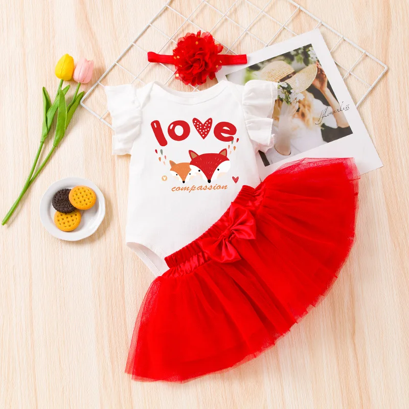 2023 new baby clothing small flying sleeve Hayi princess skirt suit 3-piece baby clothes