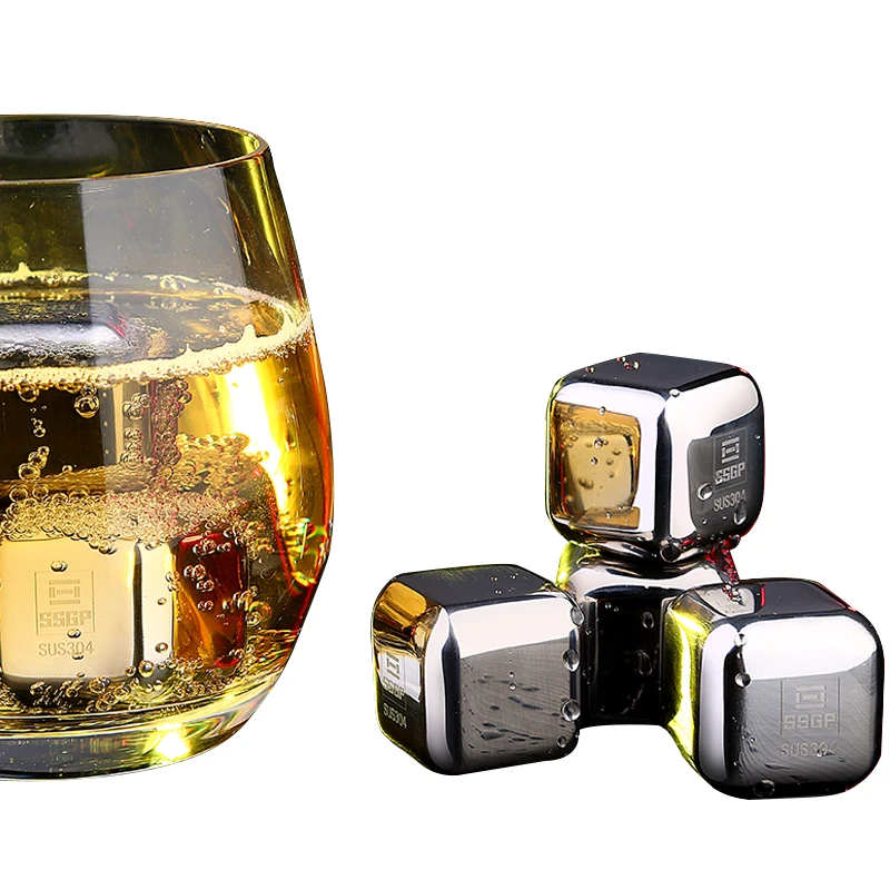 
SSGP Wholesale Reusable Custom Engraved Clear Gold Stainless Steel Whiskey Cubes Ice Chilling Stones 