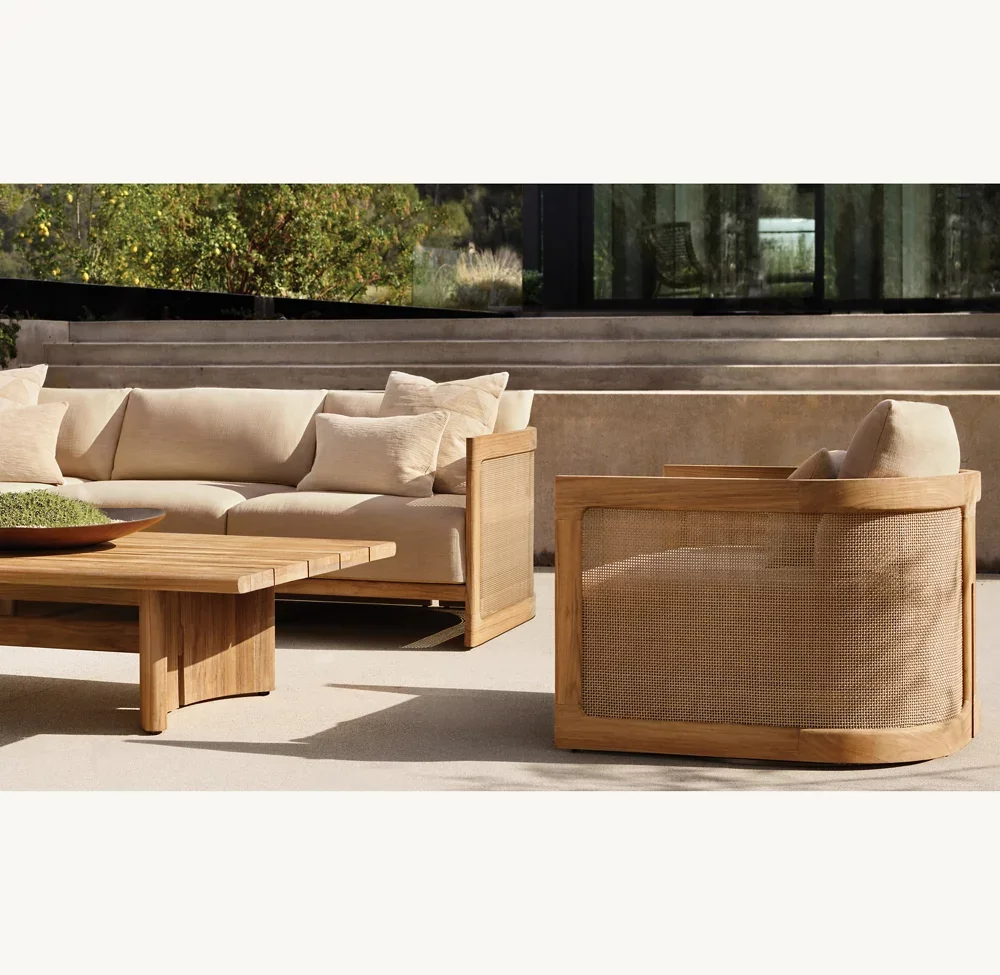 Project OEM/ODM thick PE rattan natural color soild teak wood garden sofa set