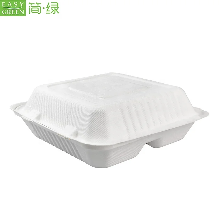 
Easy Green Wholesale Biodegradable 3-com Clamshell Food Disposable Container Bagasse Tableware Pulp Lunch Box 