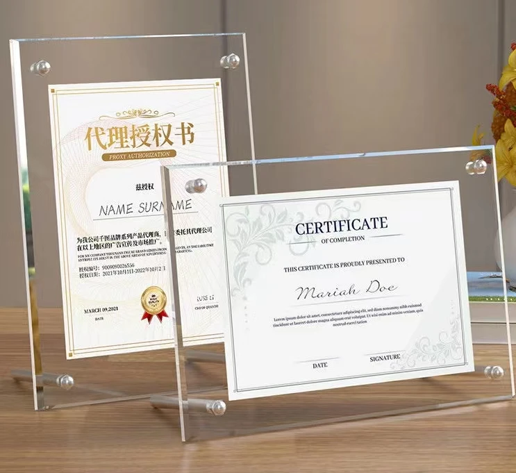 Acrylic Clear A4 Certificate photo frame with Magnets for Tabletop Display Acrylic Picture Frames for Christmas Gifts