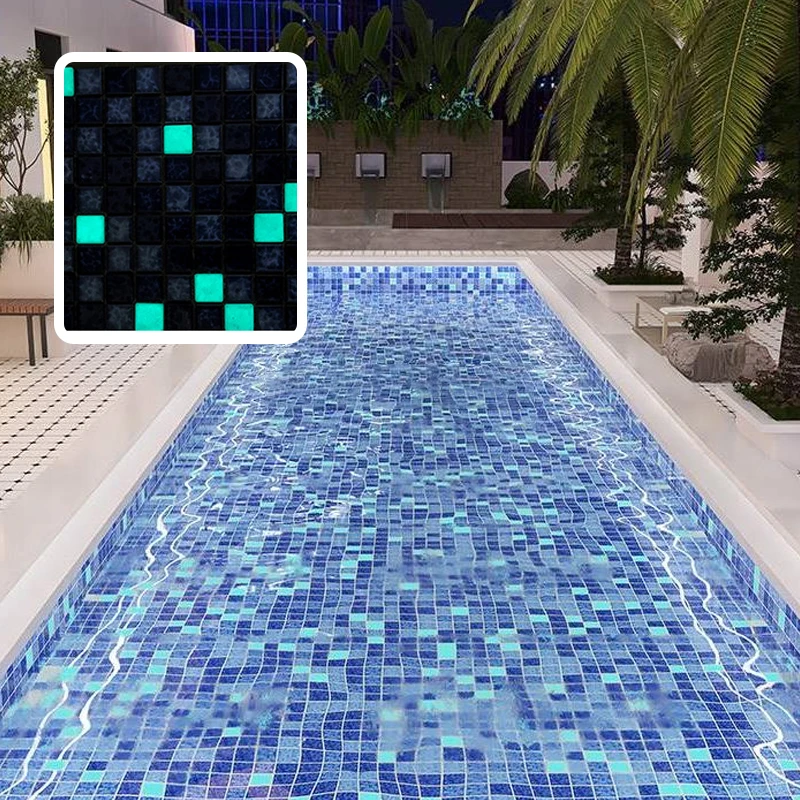 Tile Wholesale 25x25 Blue Luminous Fluorescent Swimming Pool Tiles Mosaic Ceramic Glazed Glow in the Dark Pool Tile