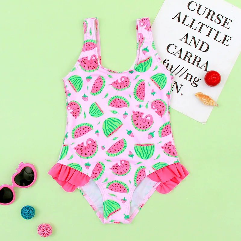 OEM Custom Baby Girl Bathing Suits Children Cute Kids Swimwear Strawberry Ruffles Design Kids Girls One-piece Swimsuit