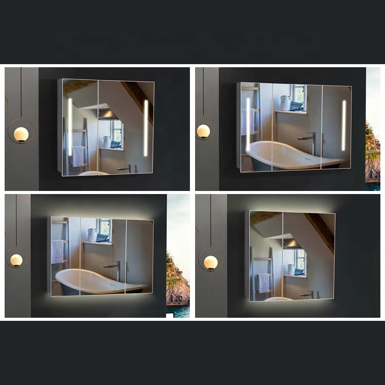 LED Bathroom Antique Stainless Steel Mirrored Plastic High Cabinet with Mirror Doors