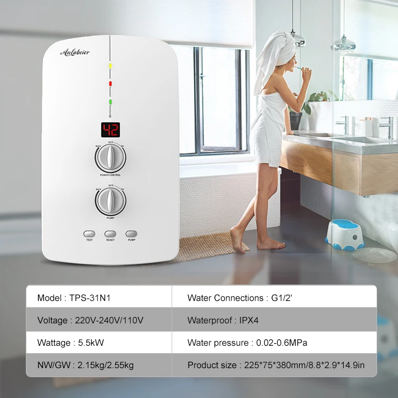 Anlabeier brand booster pump electric instant tankless water heater low water pressure small hot water heater