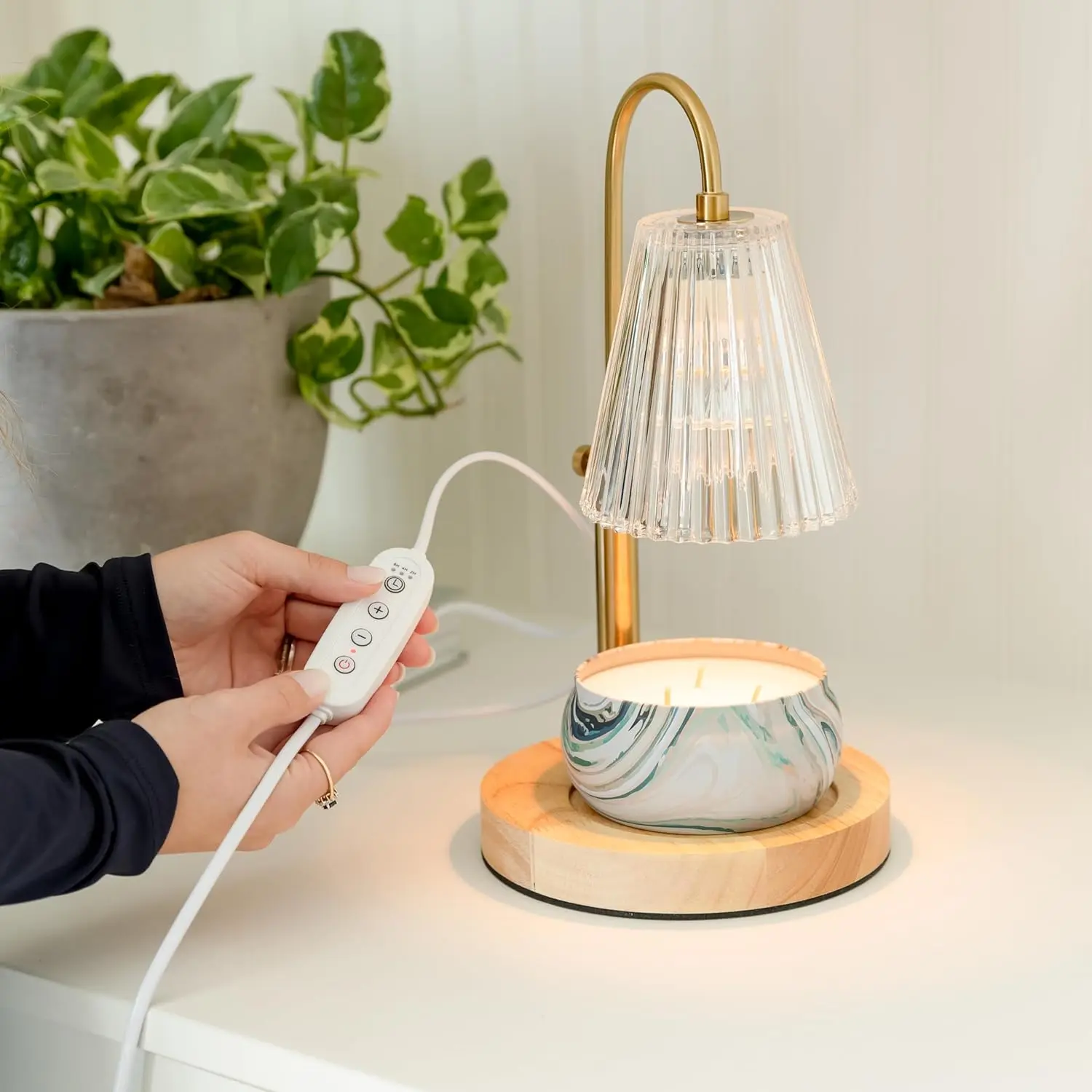 Class Glass Flameless Candle Warmer Lamp Electric Scented Jar Candles Dimmer Round Wood Table Lamp Adjustable Tart Melter  GU10