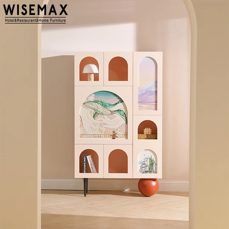 WISEMAX FURNITURE creative living room sofa side pink wood glass long cabinet with open door shelving design floor cabinet
