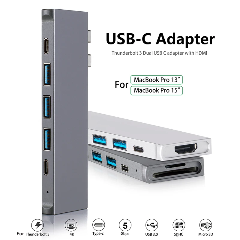 8-in-1 Multi USB Type C HUB for Macbook Pro 13/15 Thunderbolt 3 Built-in 40Gbps SD Micro 5K 60Hz 100W PD Quick Charge