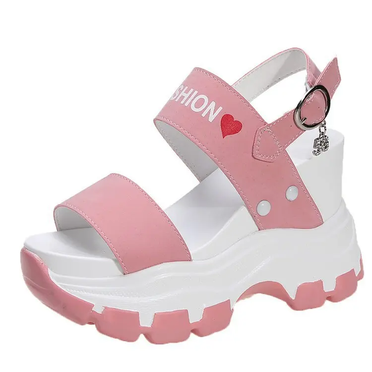 Pink Heeled Sandals Sports Style Shoes Summer Beautiful Printed Wedge Sandals for Women and Ladies