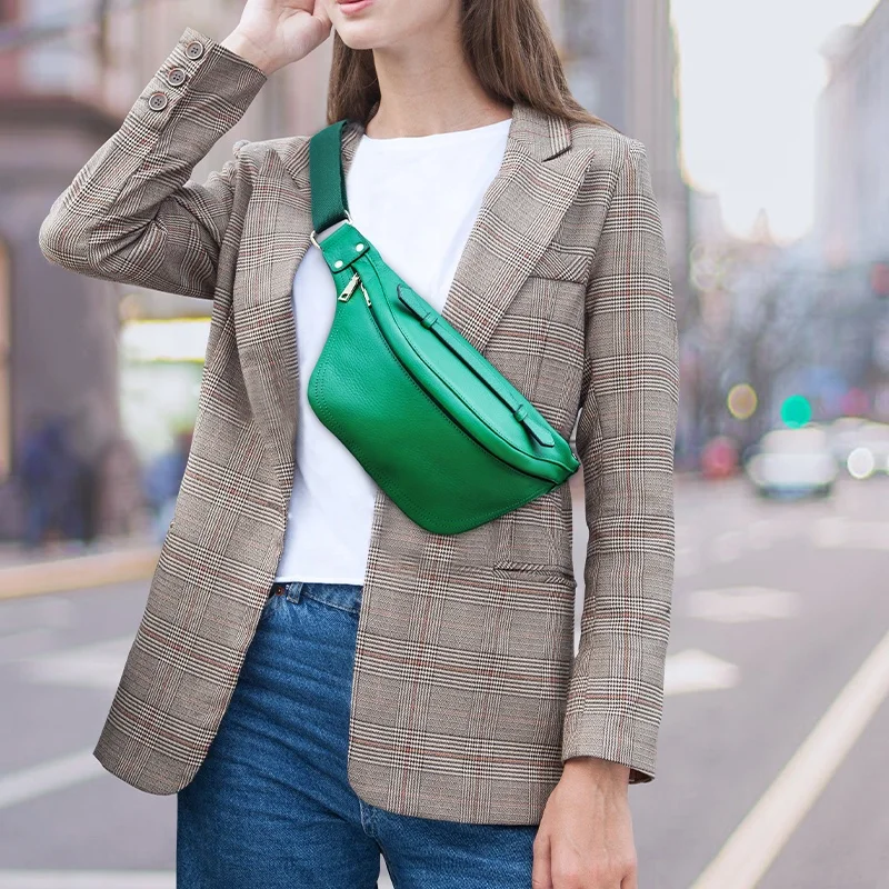 Women Multifunction Hiking Running Waist Pack Green Casual Traveling Carrying Pouch Genuine Leather Hip Bum Bag Fanny Pack