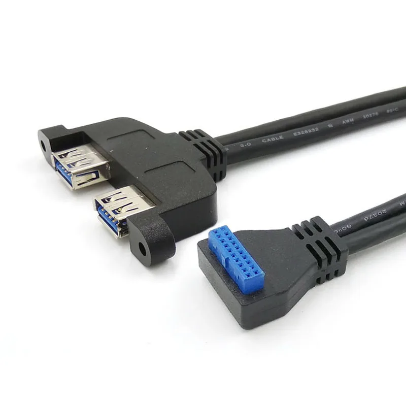 Dual USB 3.0 A Female to Motherboard 90 degree IDC 20pin Adapter Cable with screw
