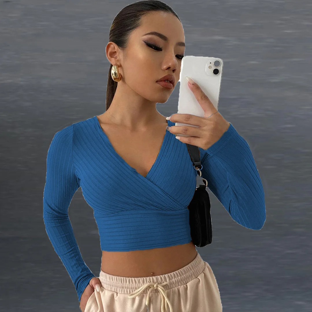 low price deep v neck sexy crop tops for women wholesale ribbed long sleeve crop top
