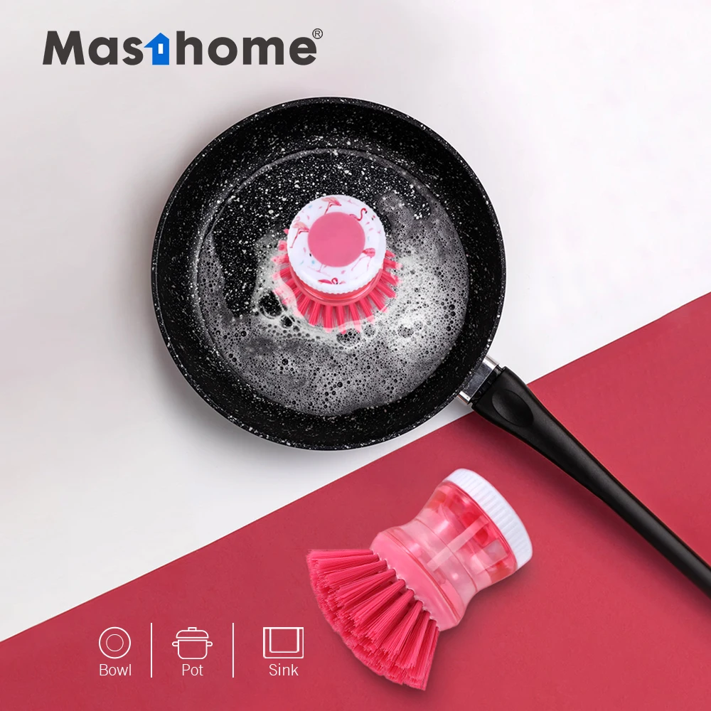 Masthome Factory Price Flamingo Printing Series Dish Brush Kitchen Pot Cleaning Palm Brush with Soap Dispensing