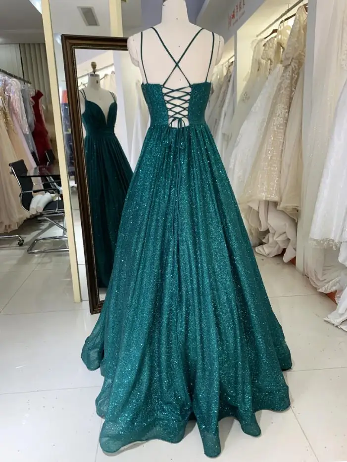 Emerald green sleeveless glitter tulle hand pleated deep V neck A line lace up back prom dresses 2023