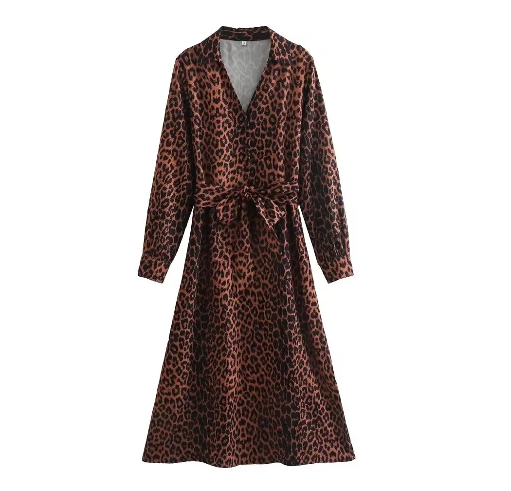 Turn down collar sashes long sleeve animal print multi color casual ladies long maxi dress