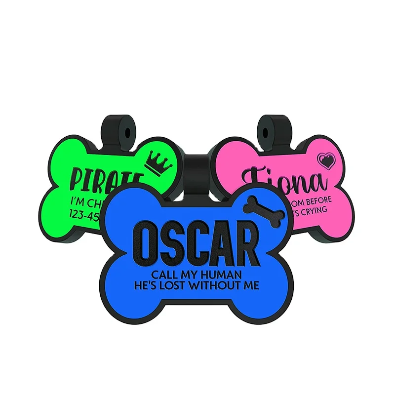 Personalized Dog ID Tags, Durable & Silent Silicone Engraved Tags for Pets w/ Text Christmas Gifts for Dog, Bone Shaped