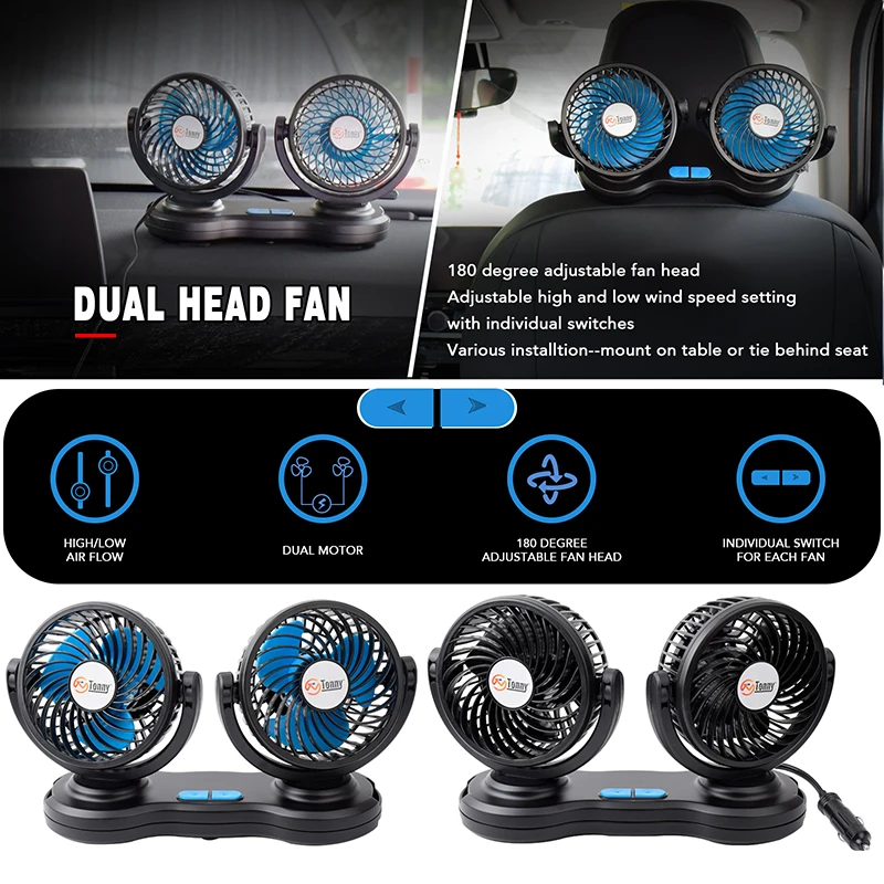 Oscillating Dual-Head Car Fan Versatile 12V/24V Cooling Solution for Trucks Vans and Small Vehicles Brushless Motor fan