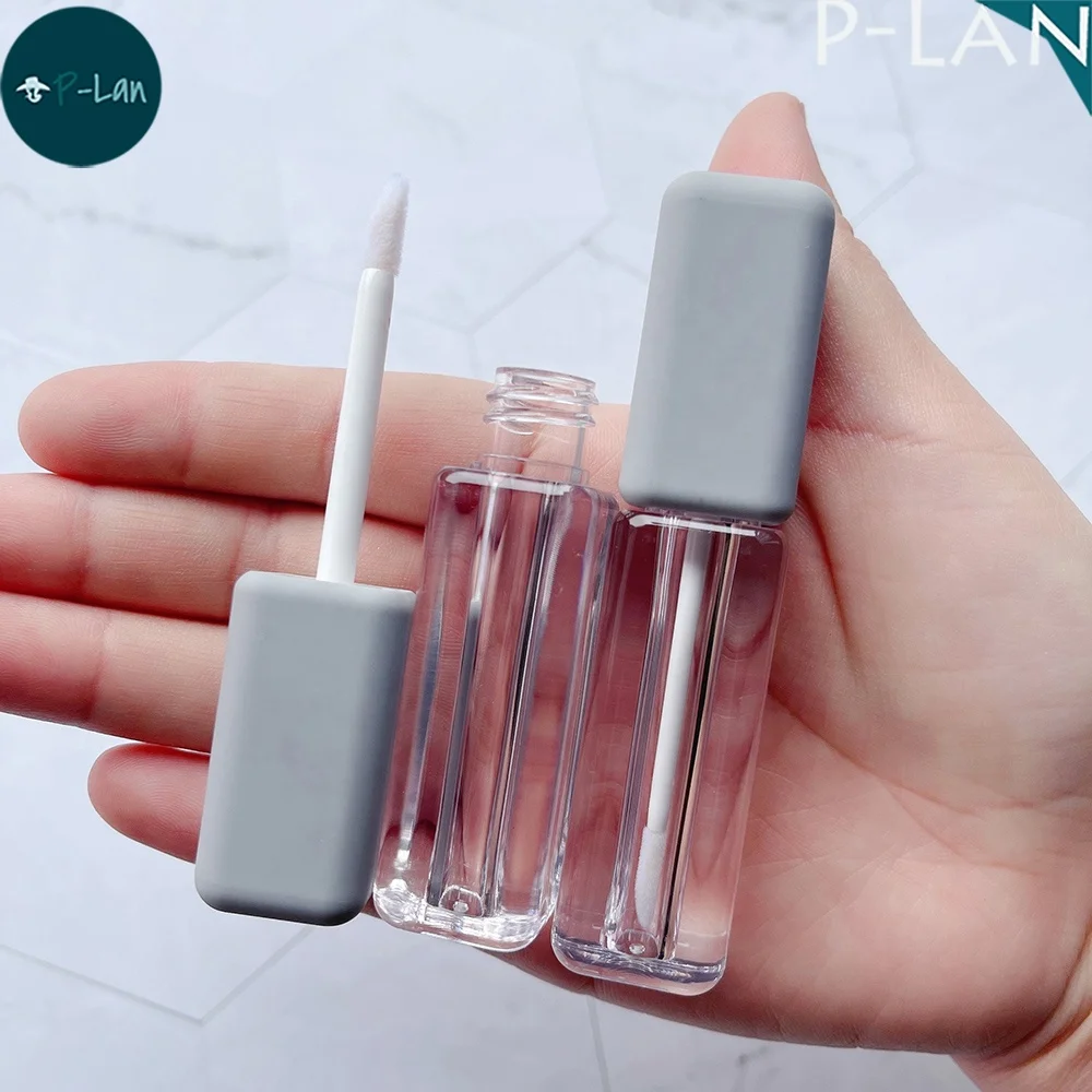 P-LAN Stock Ready Item Soft Touch Pink Grey Cap 2.5ML Empty Ligloss Bottle Square Mini Lip Gloss Tube Container With Doe Foot