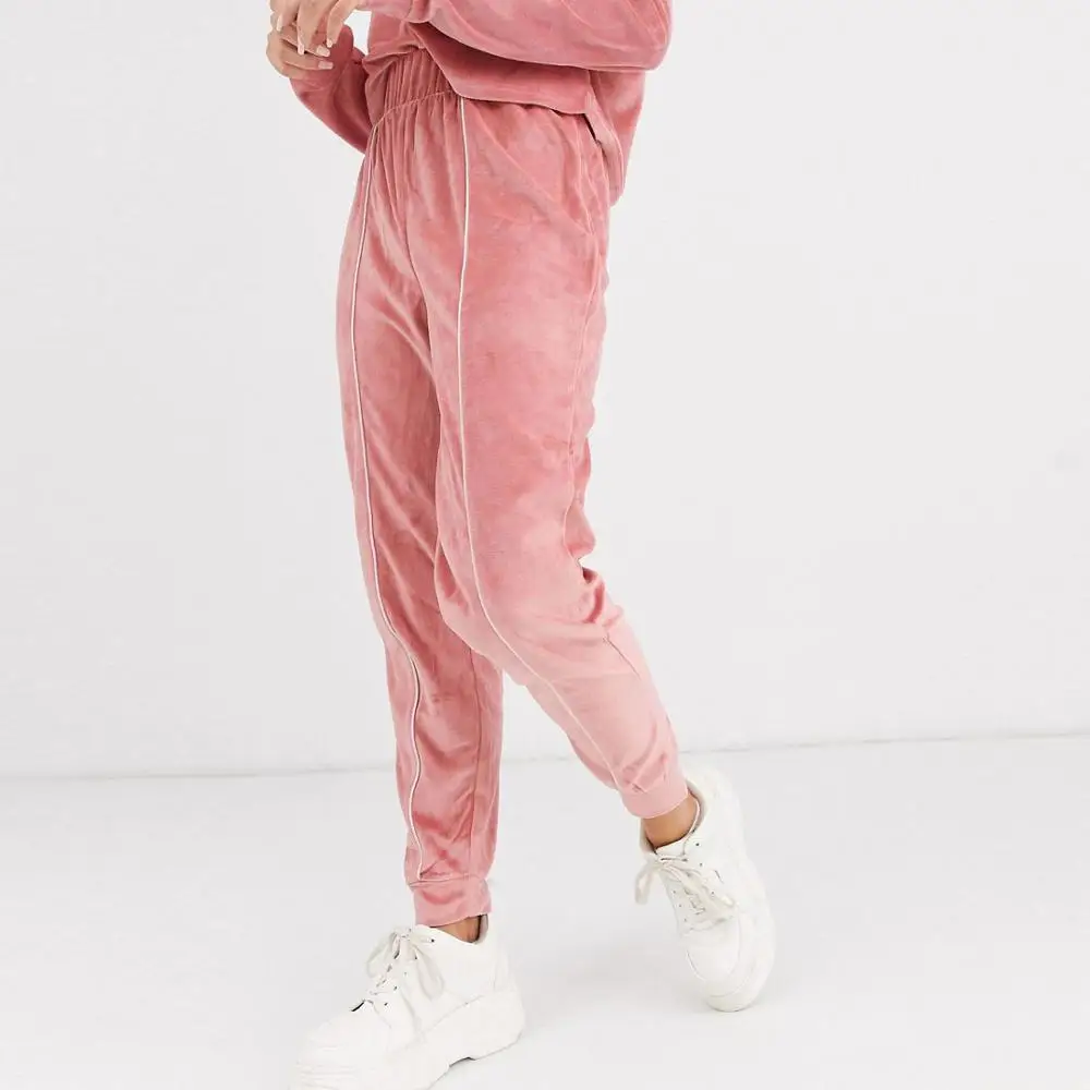 Wholesale Women Velour  Lounge Off Shoulder Cropped Sweatshirt Jogger Pants Two Piece Set Tracksuit