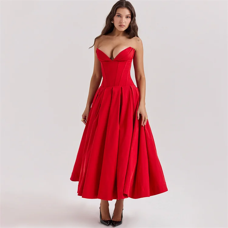 New fashion solid color strapless fishbone waist evening party dress ladies elegant slim full skirt dresses