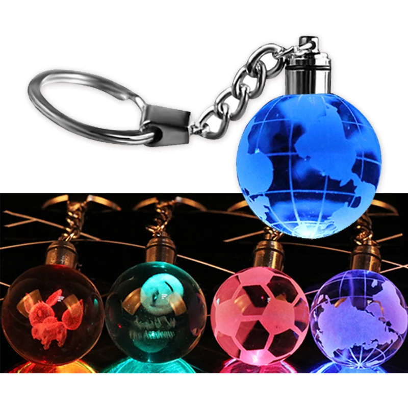 Led Flashlight Ball Shape Crystal Glass Key Chain Global Crystal Ball Keychain For Promotion Gift