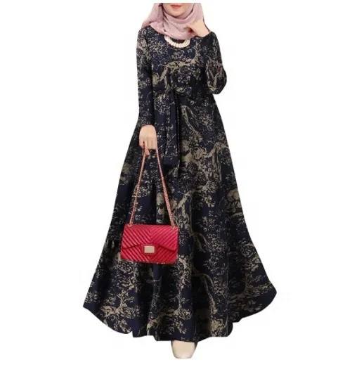 Vintage Printed Muslim Dress Women Autumn Islamic Clothing Casual Maxi Vestidos Female Floral Sundress Turkish Robe