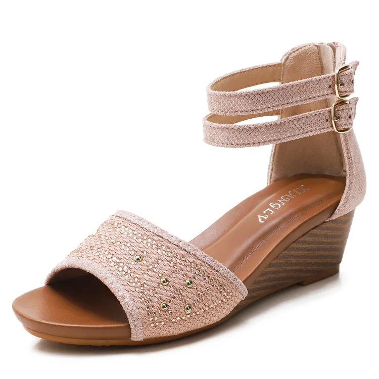1W0008 High quality high wedge heel women sandals diamond Bohemian webbing belt fashion casual sandals for women and ladies