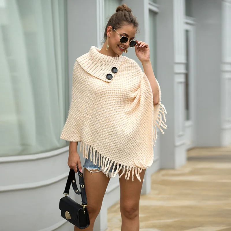 
2021 New design Half open collar solid color tassel pullover ladies sweater shawls 