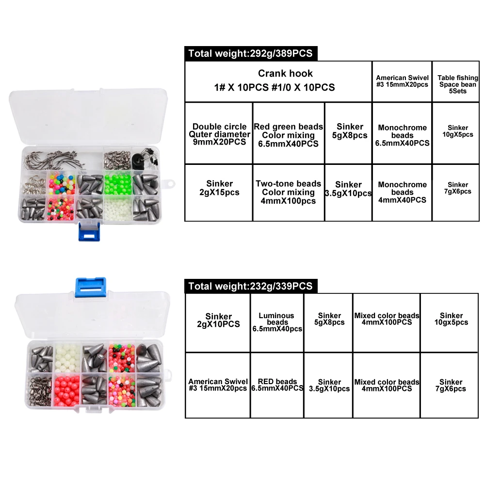 339/389pcs/box wholesale gear isca artificial tackle box accessories set swivels stainless floating bead fishing sinker lead