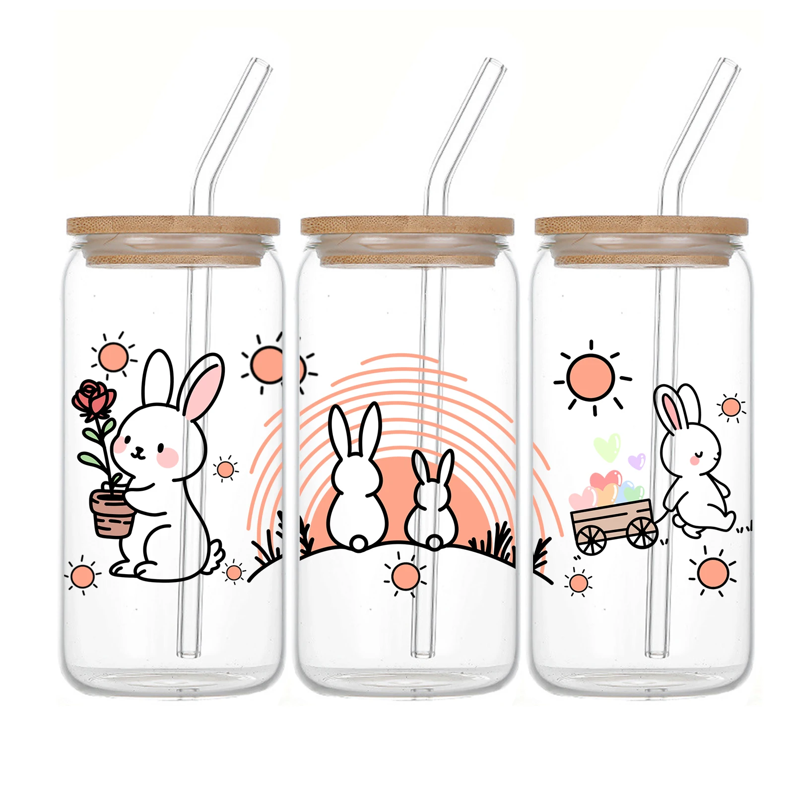 1pc Glass Can Coffee Cup With Lid And Straw 16oz Clear Glass Love Rabbits Iced Coffee Mug For Animal Lovers Gift Soda Can Glass