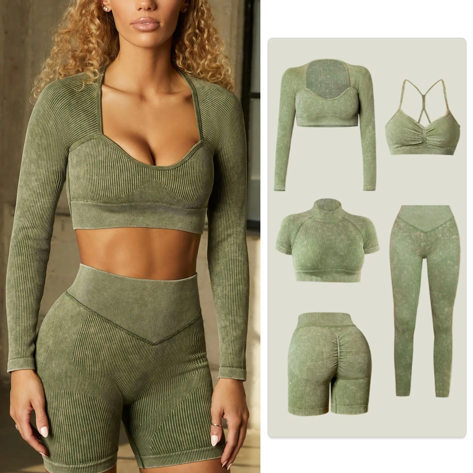2022 Sand Washed 6 Pcs Seamless Yoga Set Workout Clothing Anti-Wrinkle Hip Lift Ribbed Yoga Suit Active Wear Set