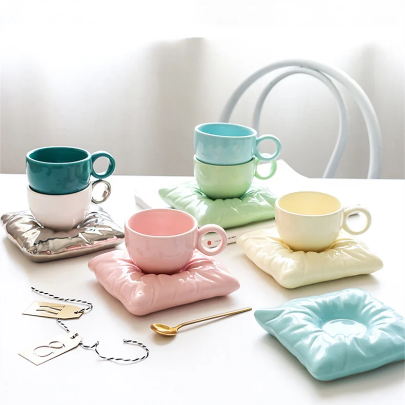 Unique Novelty Pillow Ceramic Mug With Saucer Milk Mugs Ceramics