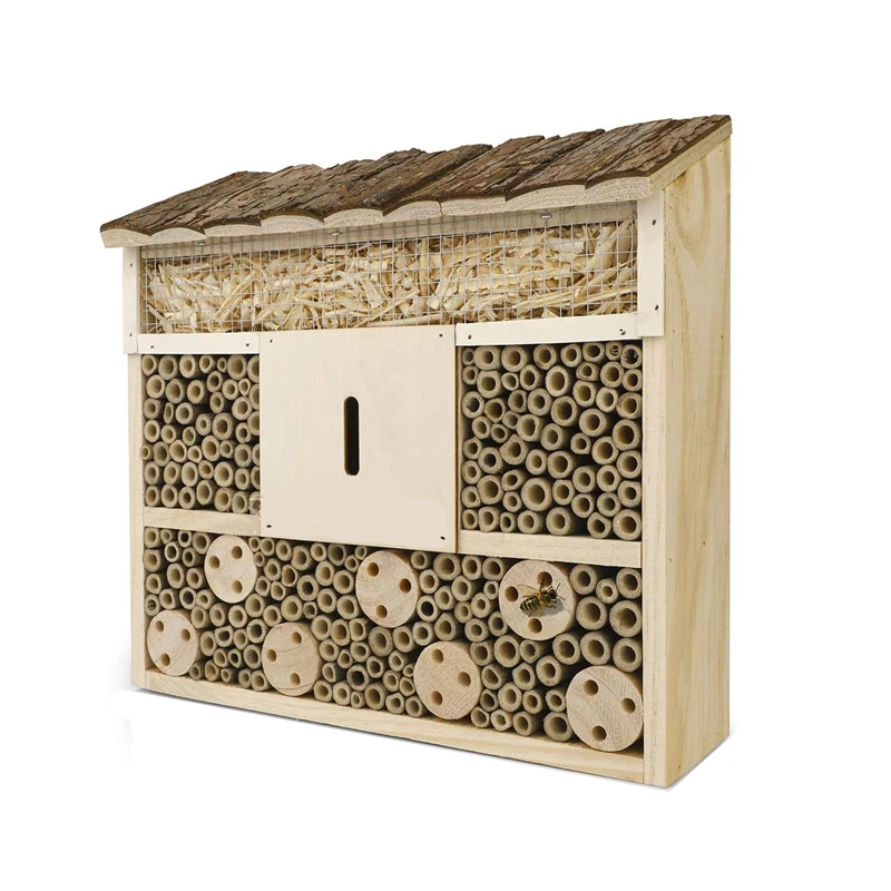Wholesale Natural Wooden Bee House Insect Hotel Bug Box Bamboo Tubes Wood Bee Hive Habitat Solitary Bee Nesting House Bulk Order