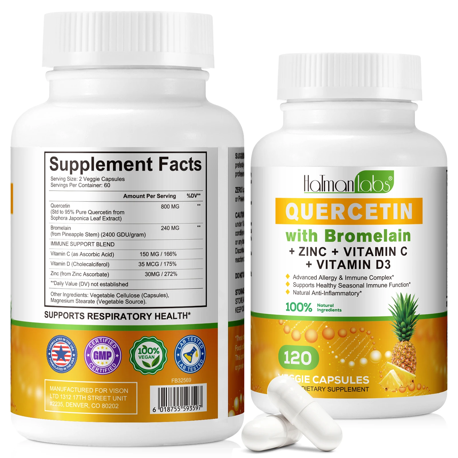 Hatmanlabs anti inflammatory 120 veggie capsules zinc vitamin c d3 quercetin supplements bromelain quercetin capsules