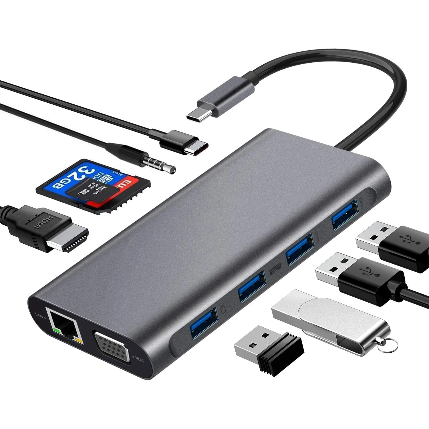 11in 1 USB-C концентраторы многофункциональным док-станция Type C к HDMI VGA 3 5 мм аудио USB3.0 PD зарядки RJ45 SD/TF card reader устройство чтения