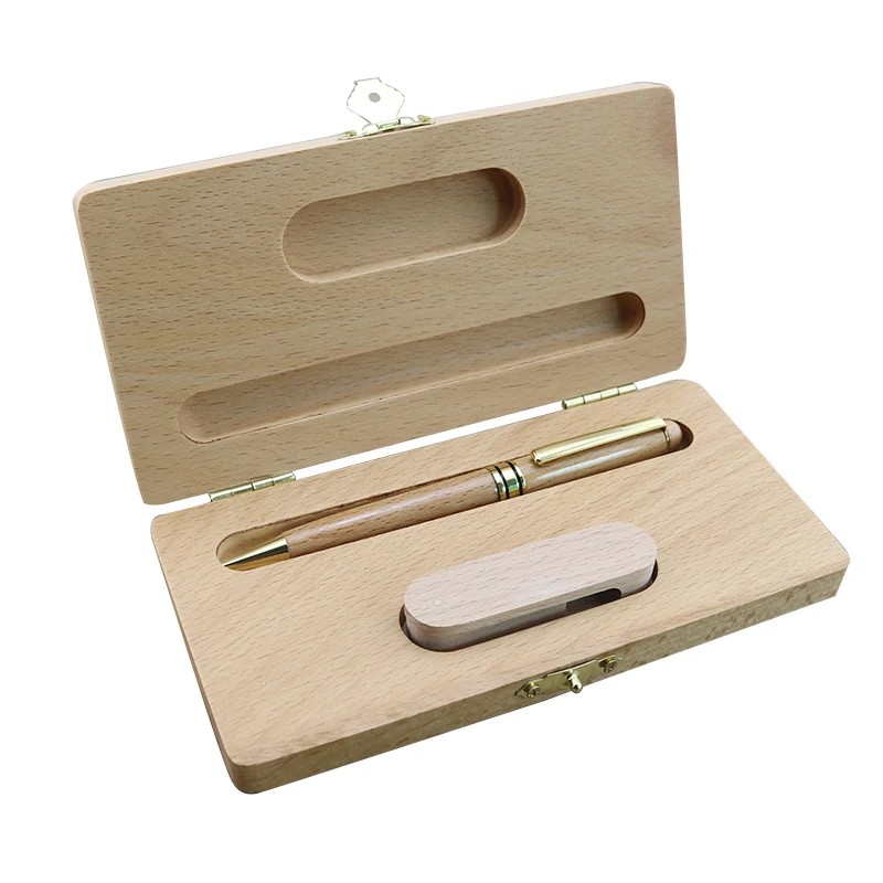 High quality Beech wood USB set smooth writing luxury wood ball pen custom logo christmas wooden usb gift set