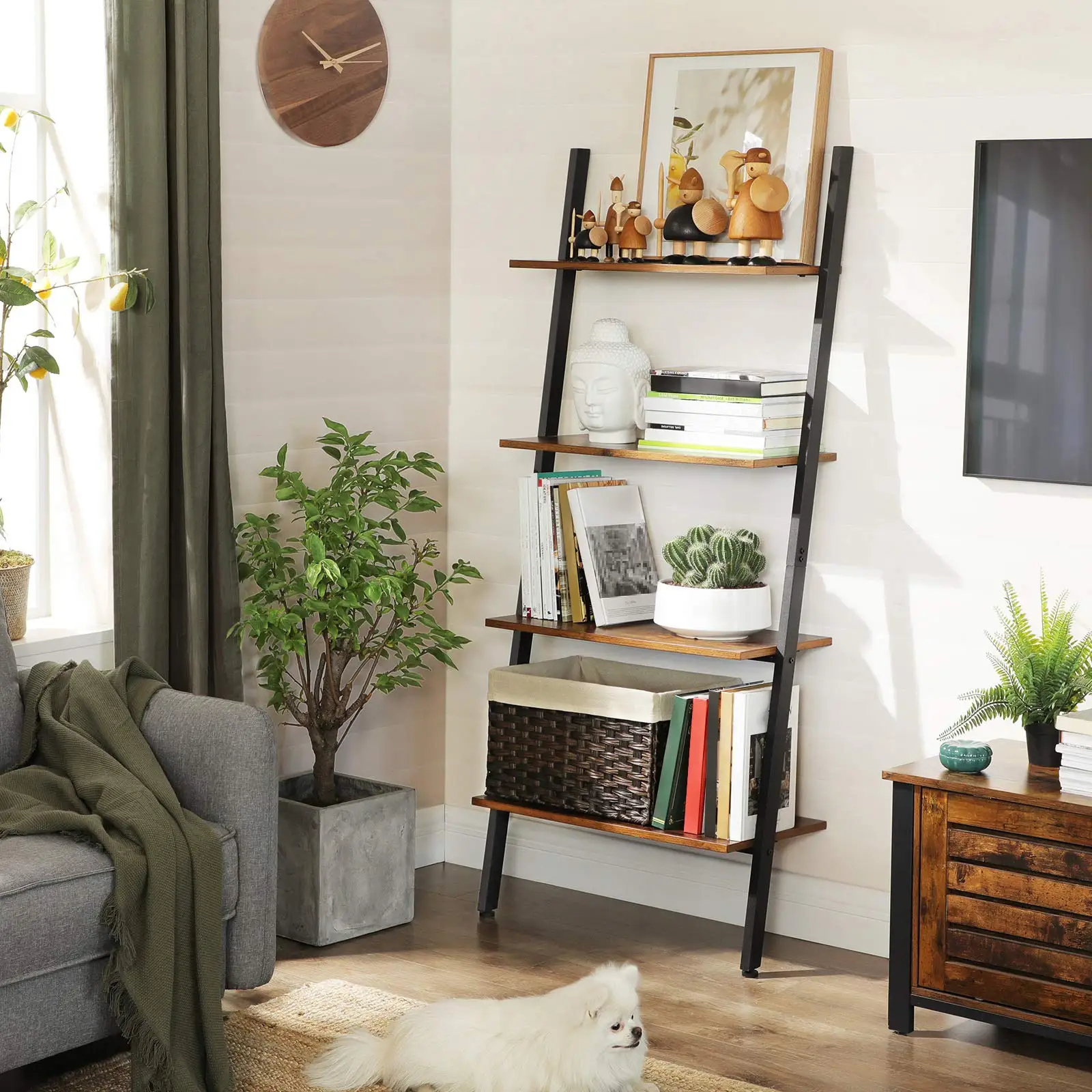 5-Tier Stable Steel Industrial Rustic Brown Ladder Shelf Leaning Shelf Bookshelf Rack