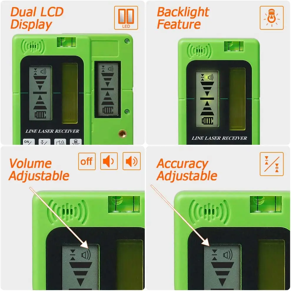 Huepar LR-5RG Two-Sided Back-lit LCD Display Detector for Pulsing Line Lasers,Red and Green Beams Laser Level Receiver
