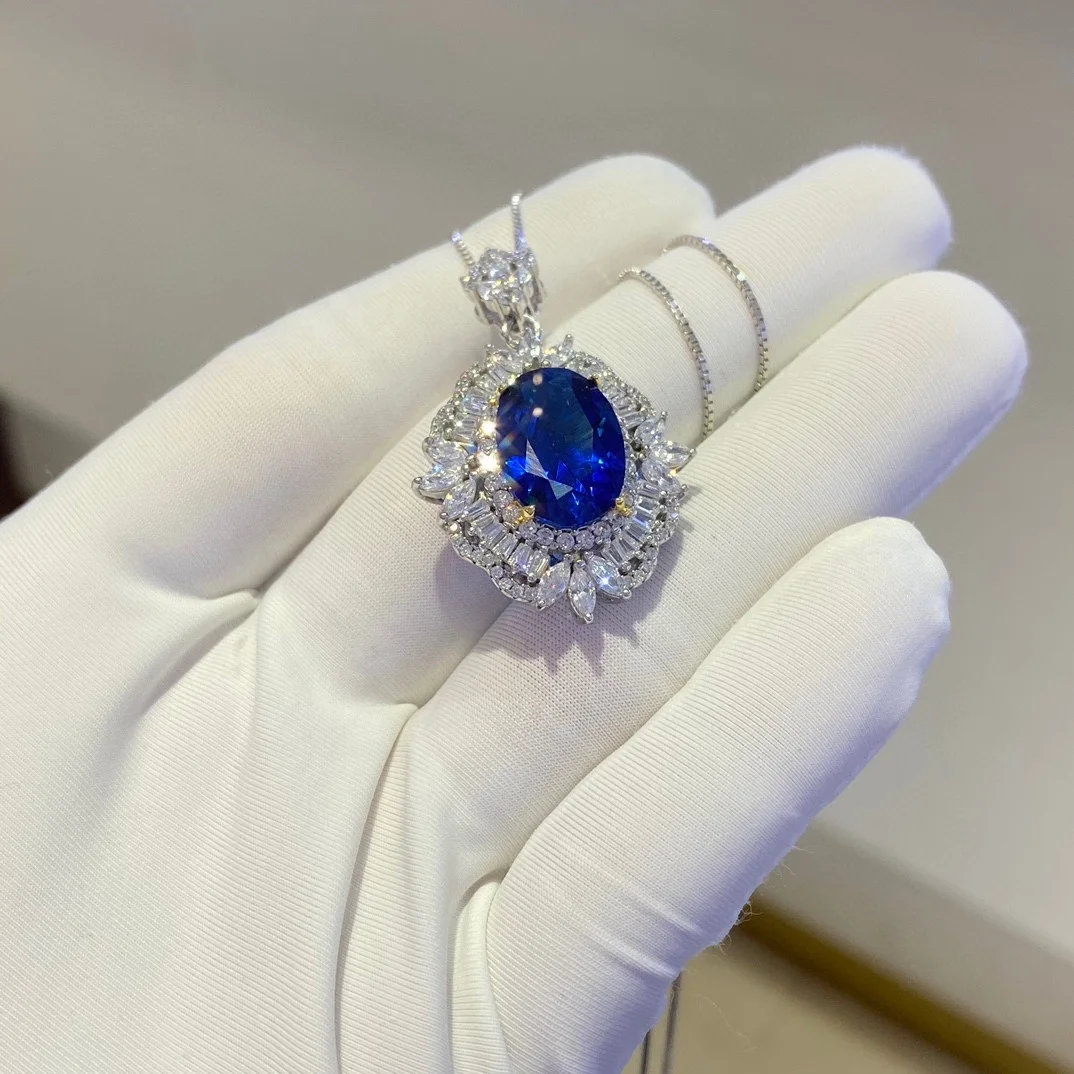 Fine Jewelry 925 Sterling Silver Necklace For Women Colored Gemstones 10*14mm Oval Shape Sapphire Pendant Necklace