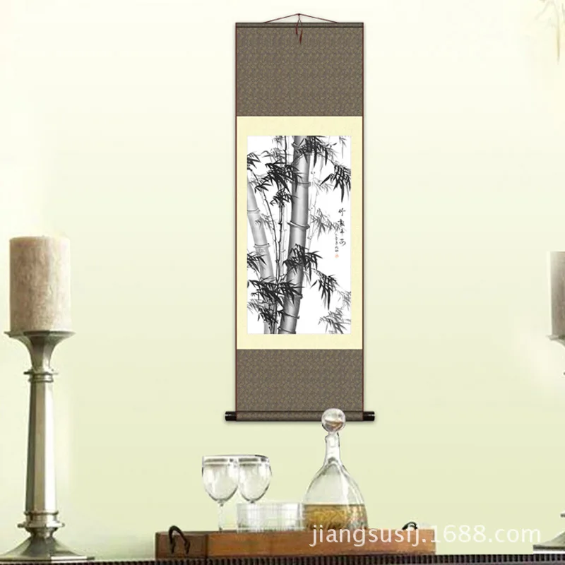 Living Room Office Study Hanging High Rise Silk Scroll Traditional Chinese Painting Coarse Ink Bamboo S034