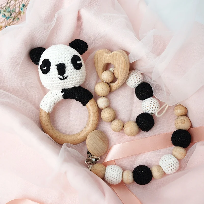 Panda Animal Teethers Pacifier Chain Bracelet Set Amigurumi Baby Crochet Dolls Stuffed Plush Lion Cotton Handmade Toys For Kids