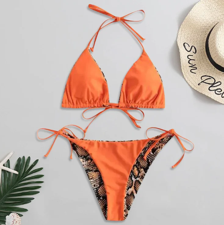  2021 Mature Women Open Sexy String Triangle Bikini Set Animal Print Bandage Swim suits