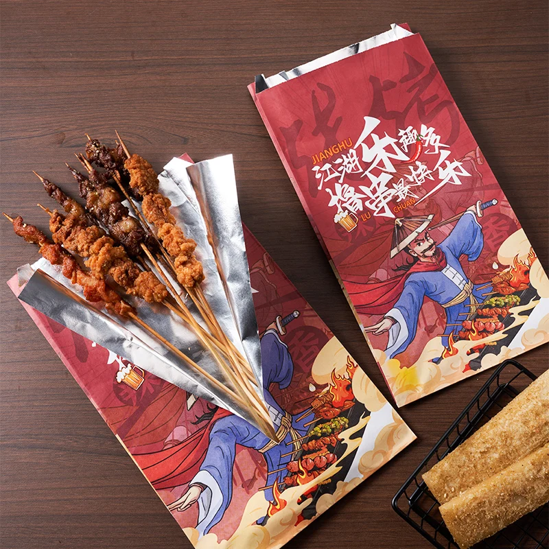 Fashion Printing Custom Content Food Grade Tin Foil Material Fried Skewers Packaging Bag Disposable BBQ Bag