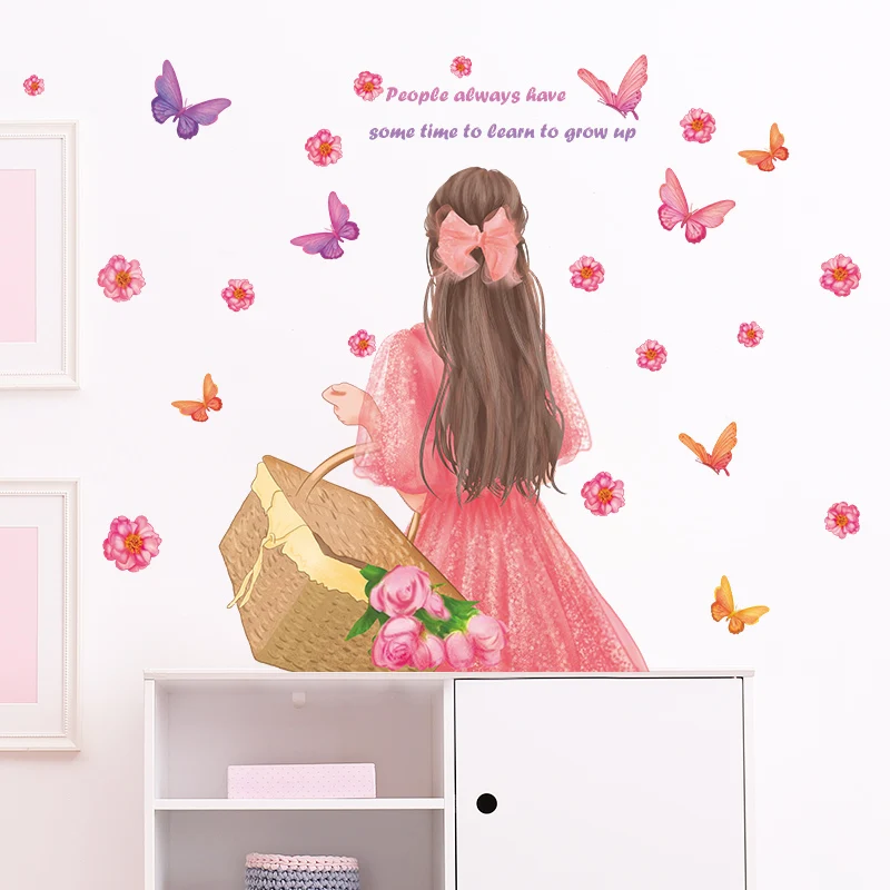 Beautiful Rose Girl Wallpaper Flowers Butterfly Sticker Self Adhesive TV Background Decal Creative Living Room Decorative Mural