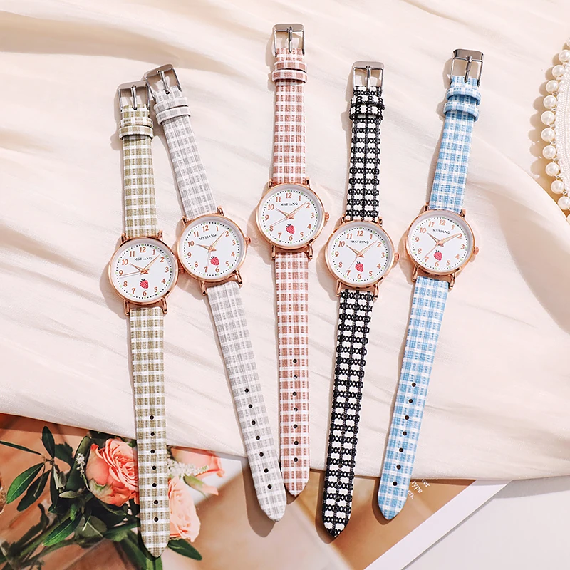 cute wristband  leather plaid design women watch for ladies strawberry quartz watches Fashion   Clock  Wrist Watches  kids