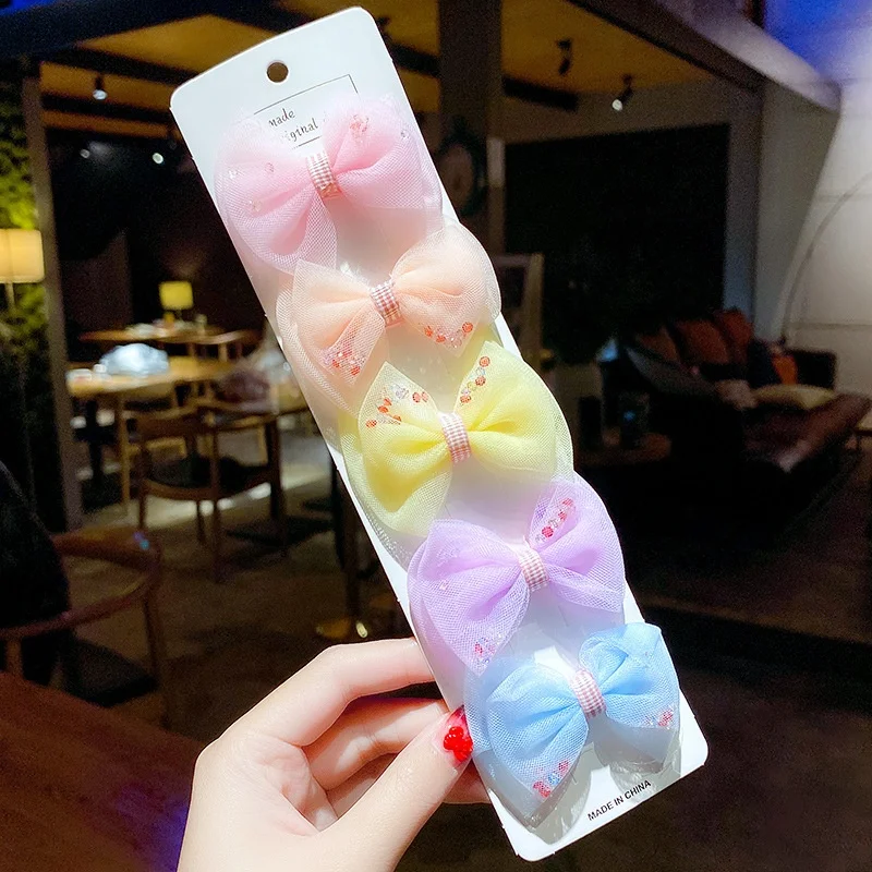 5pcs/Set Cute Flower Shape Hair Pin Mesh Fabric Rainbow Polka Dots Double Bow Hair Pin Set For Girls