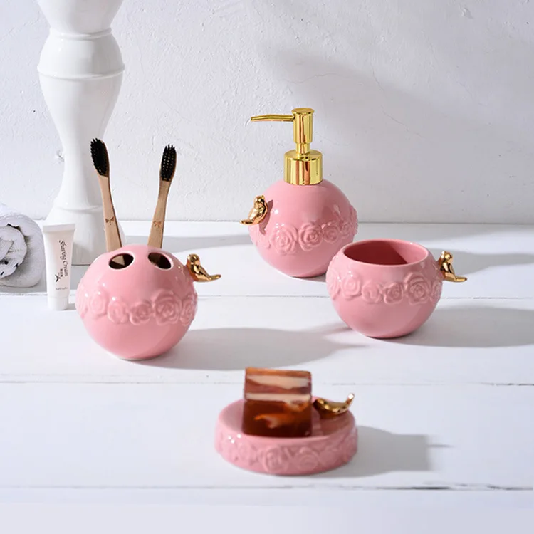 Nordic Four-Piece Hotel Bathroom Set round Ball Rose Relief Bird Butterfly Light Luxury Ceramic Sanitary Ware