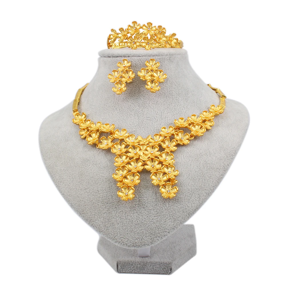 Дубай 24K позолоченные Свадебные Ювелирные наборы цветочное колье ожерелье серьги кольцо браслет 4 предмета в комплекте африканском стиле; комплект ювелирных изделий
