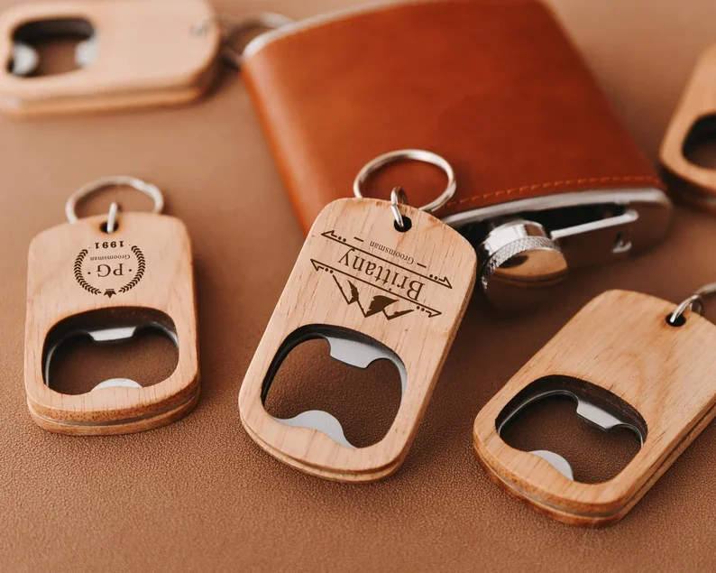 Custom Engraved Wood Keychain Bottle Opener Personalized Logo Keychain Gift