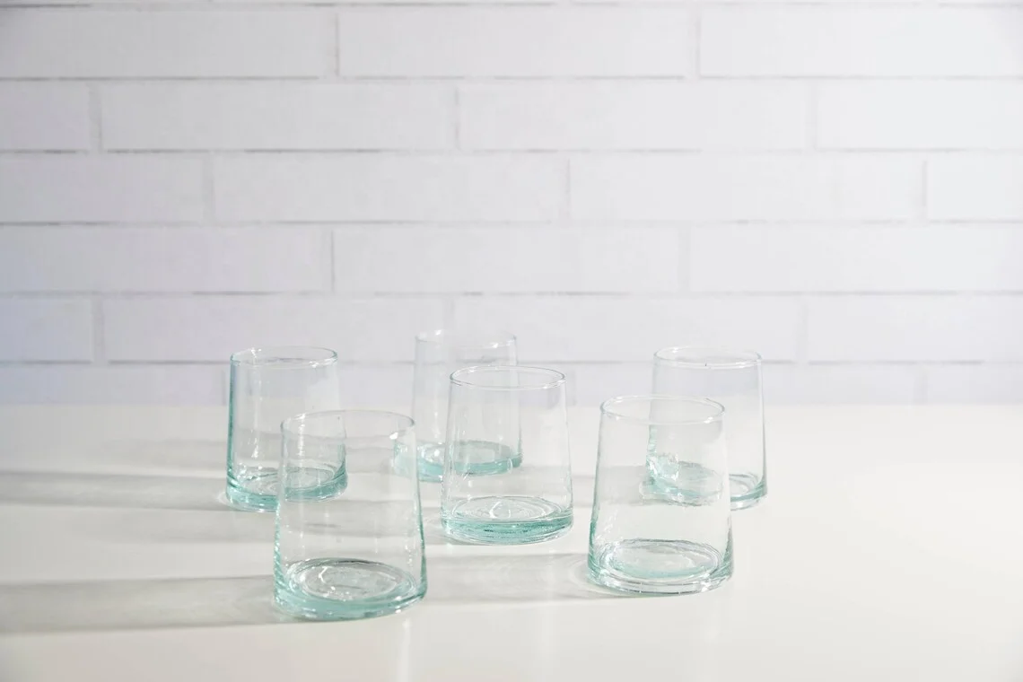 European Green Glass Recycled Moroccan Handblown Cone Glass stemless water glass